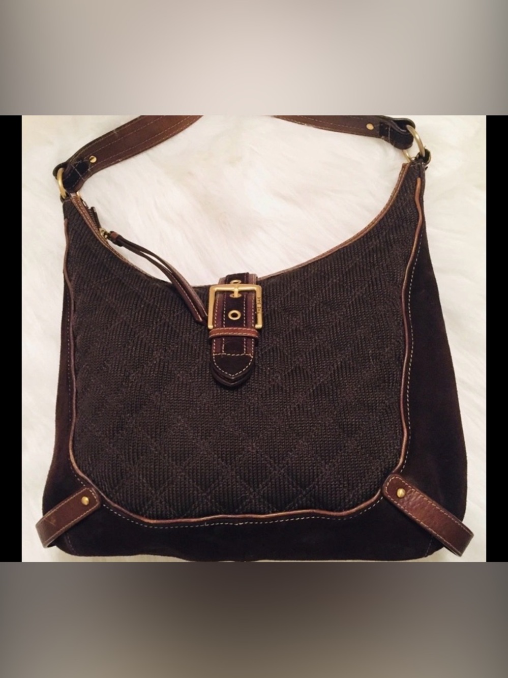 The Sak Pink Label chocolate brown suede leather quilted cloth hobo handbag zip